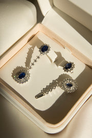 Pendientes Griffith Plata de novia desmontables con zafiros en caja de joyería.