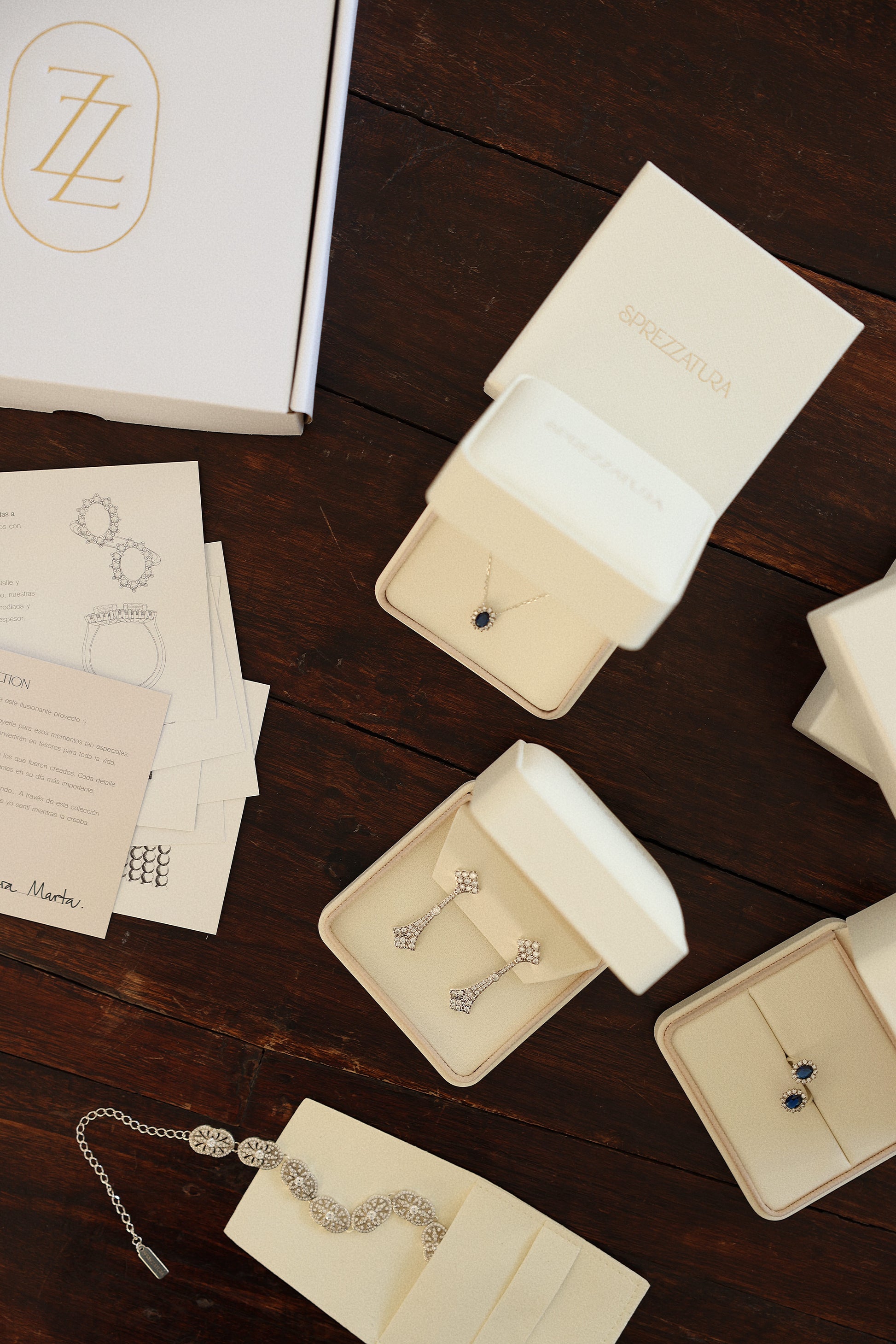 Joyas de novia en plata con zafiro en packaging de joyería elegante inspiración París SPREZZATURA
