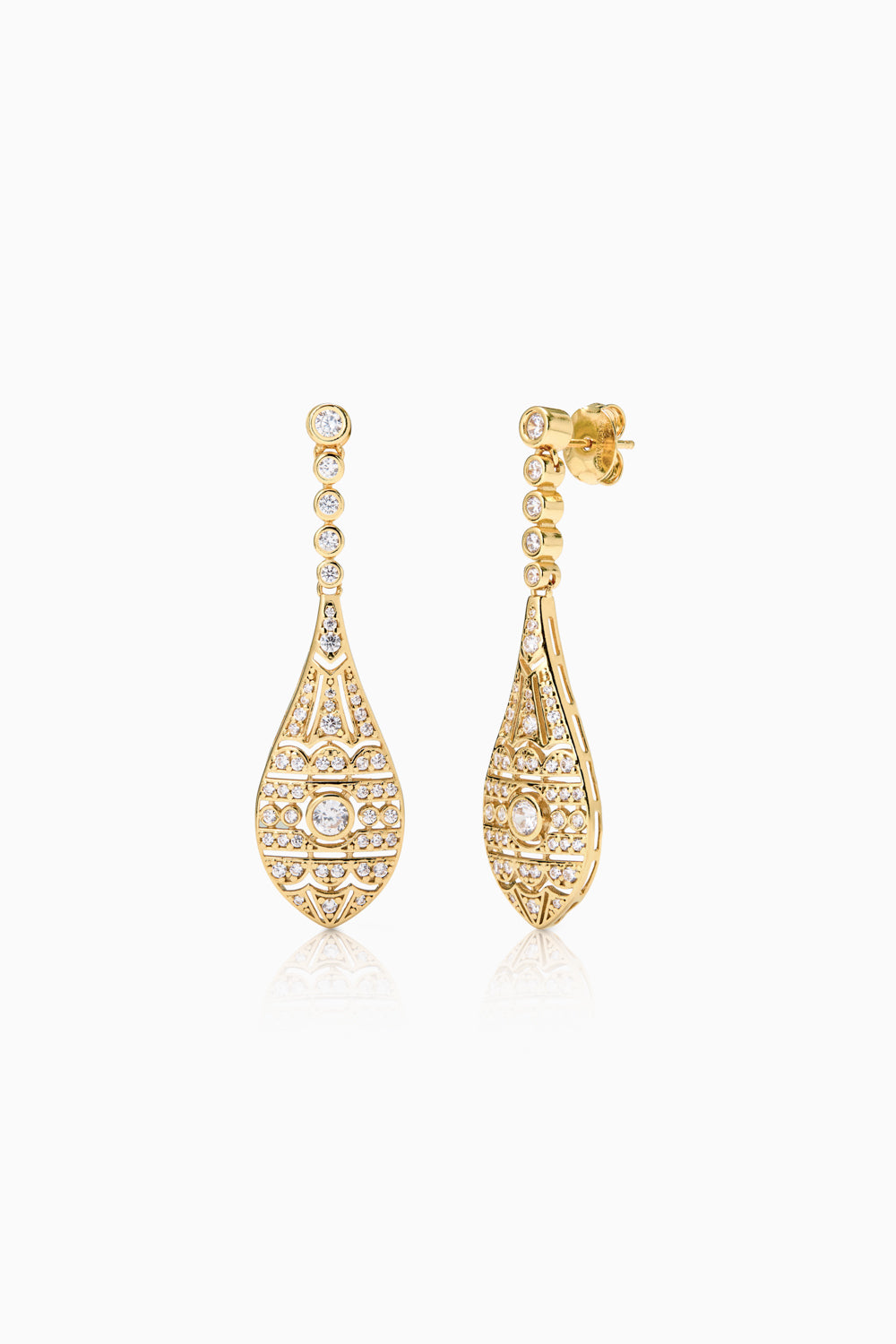 Pendientes Seine Oro para novia con estructura Art Decó y pavé de circonitas blancas en baño de oro vista lateral SPREZZATURA