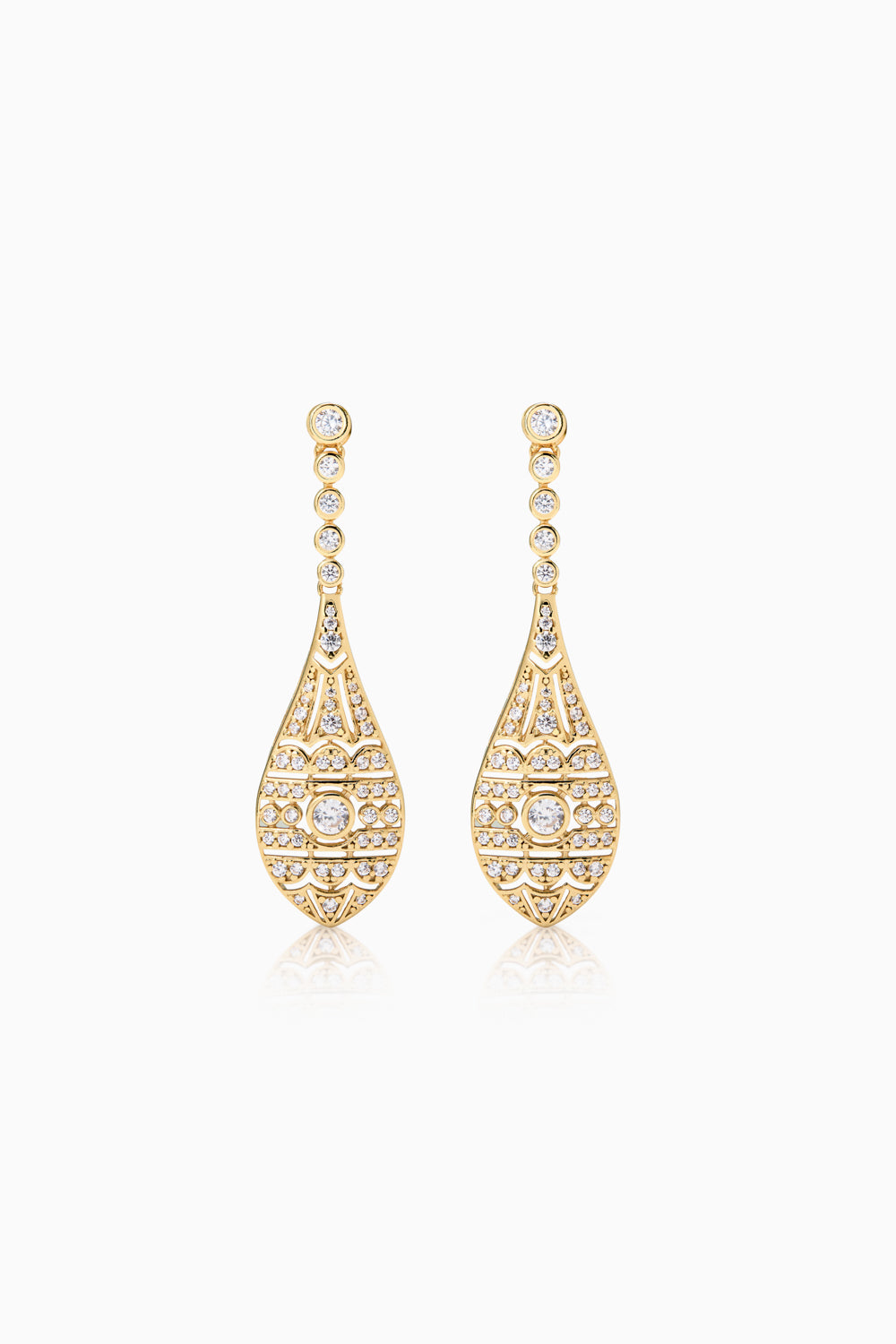 Pendientes Seine Oro para novia largos estilo Art Decó con diseño geométrico en forma ovalada y circonitas blancas SPREZZATURA